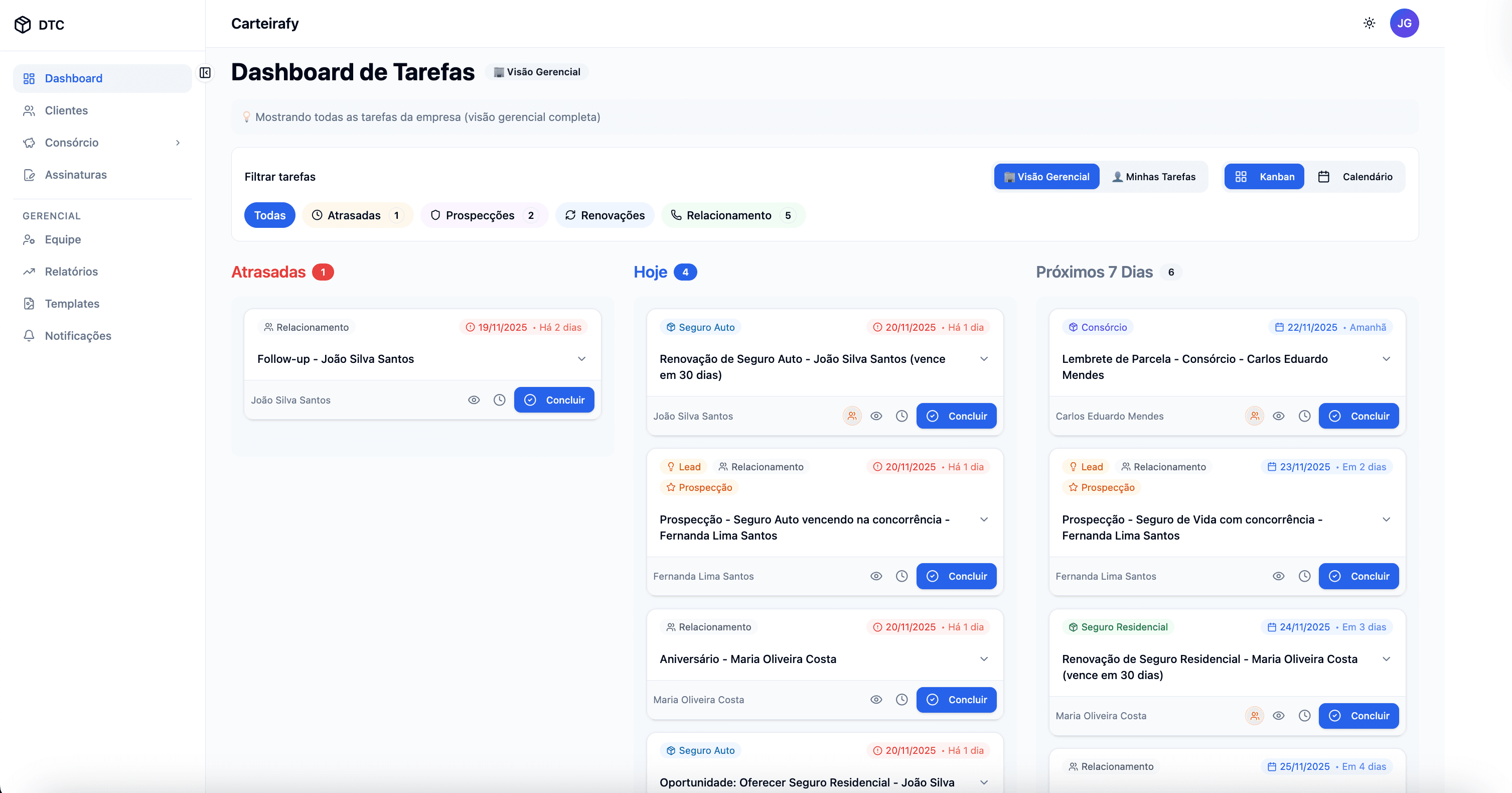 Dashboard com Notificações e Ações Diretas