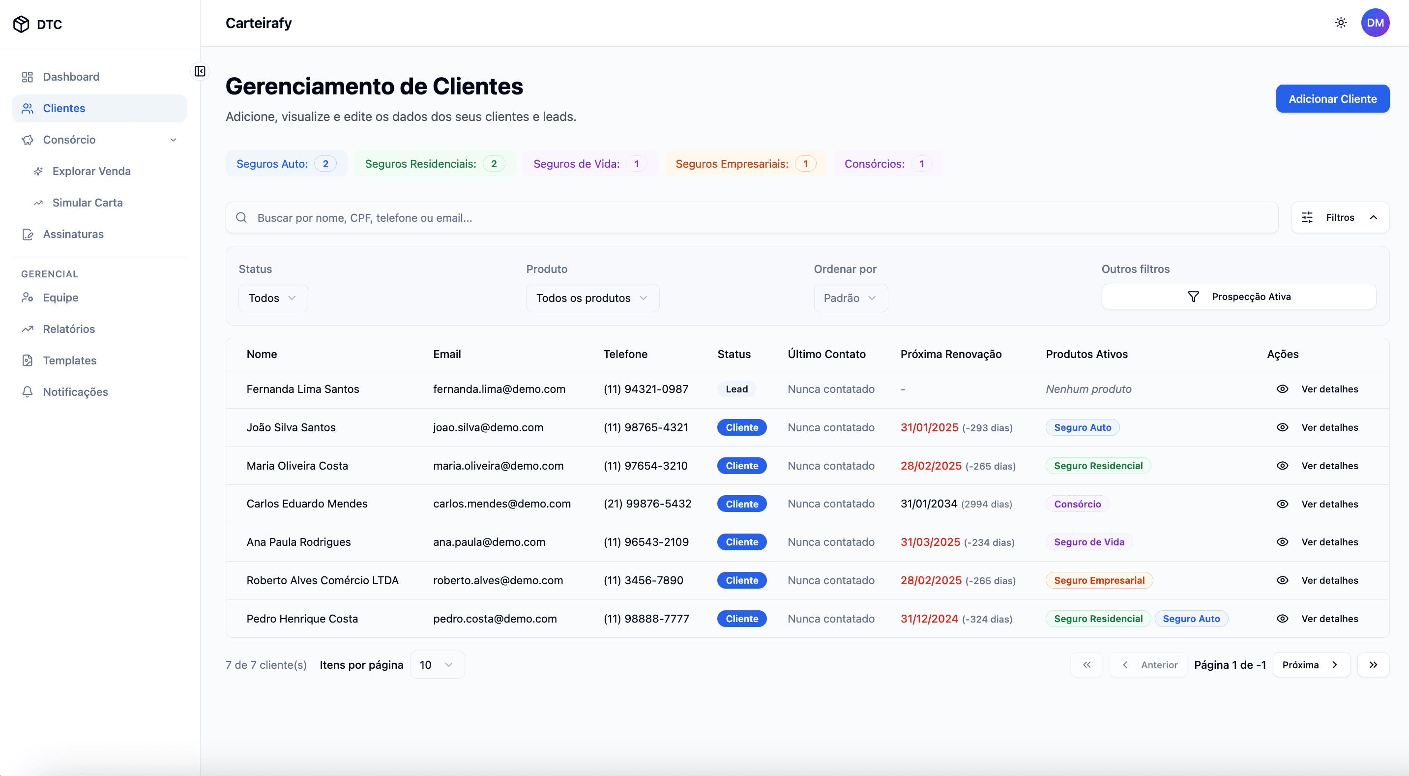Tela de Gestão de Clientes e Produtos
