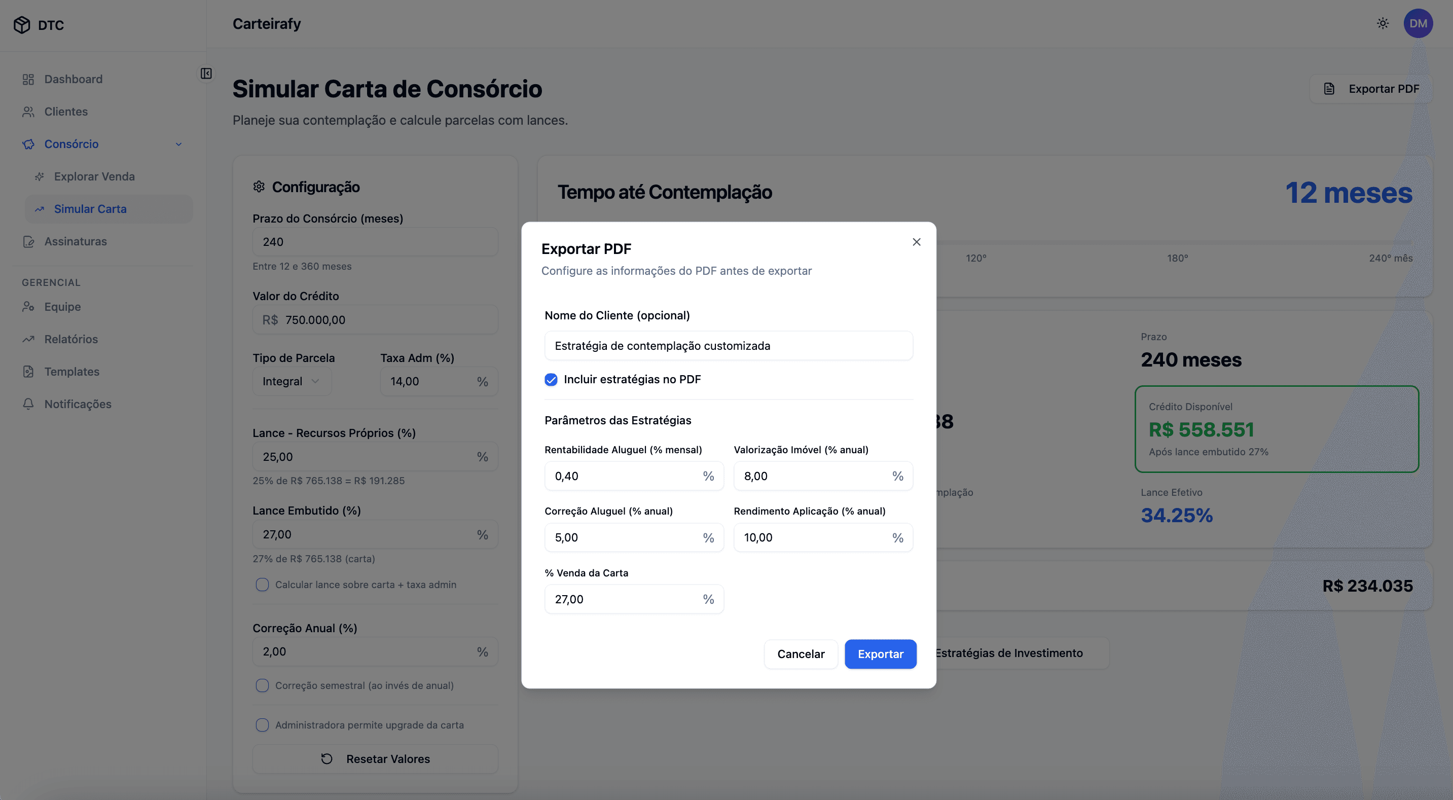 Exportação de Simulação em PDF